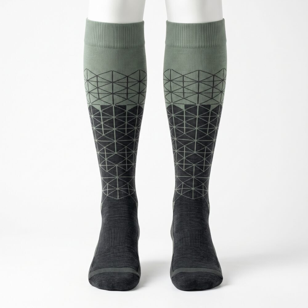 Men’s Merino Wool Compression Socks in sage green and charcoal with geometric pattern