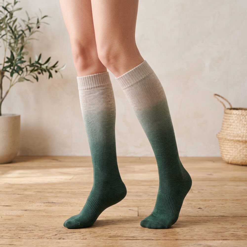Merino wool compression socks in green gradient knee-high design