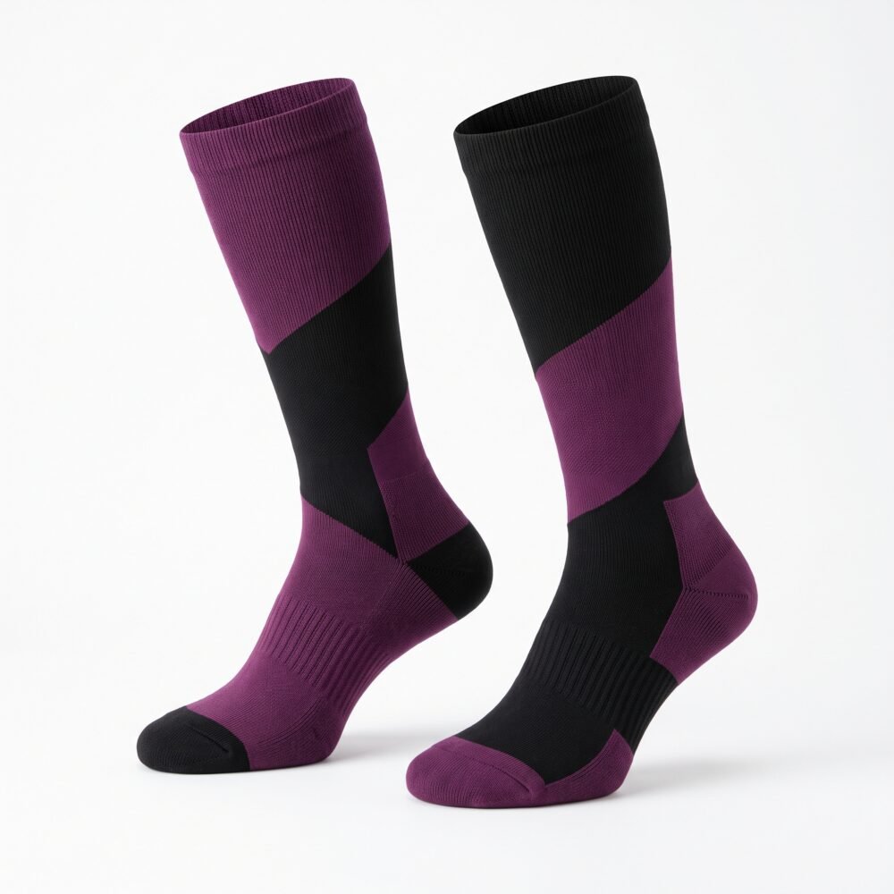 Men’s purple and black Merino Wool Compression Socks with geometric color-block design