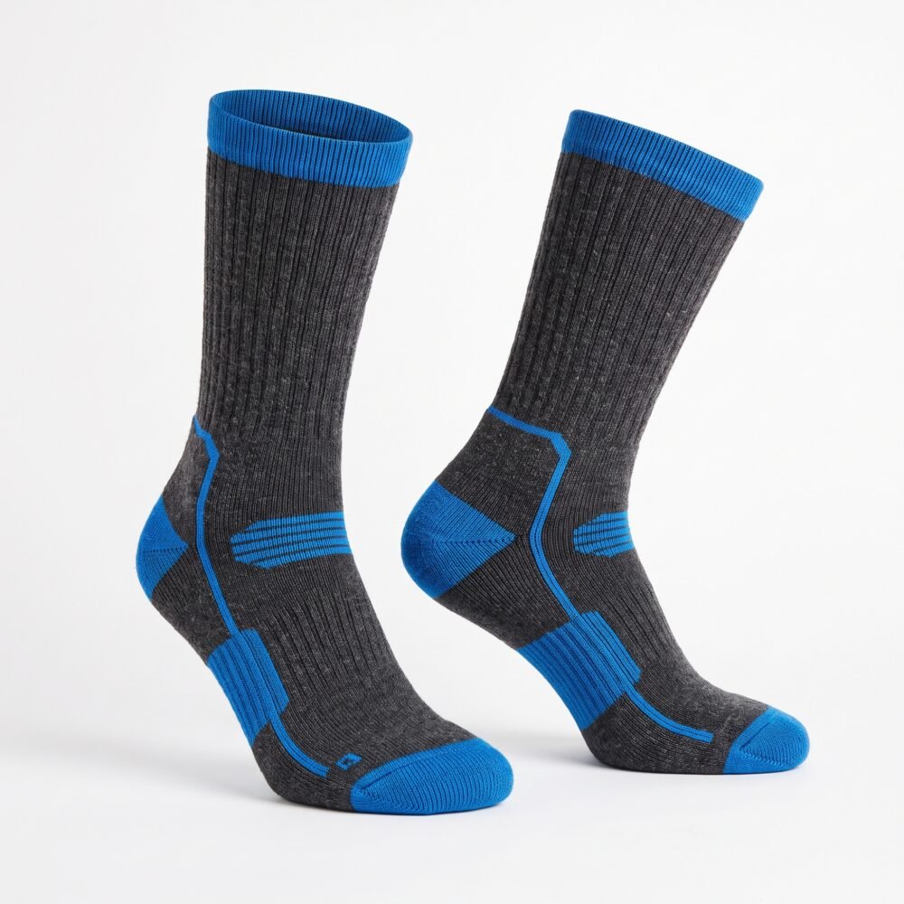 Lehvera merino wool hiking socks in black and blue with cushioned heel and toe zones