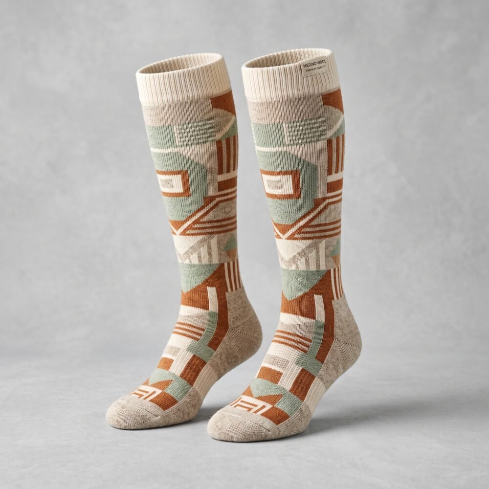 Merino wool compression socks with geometric green beige and rust pattern