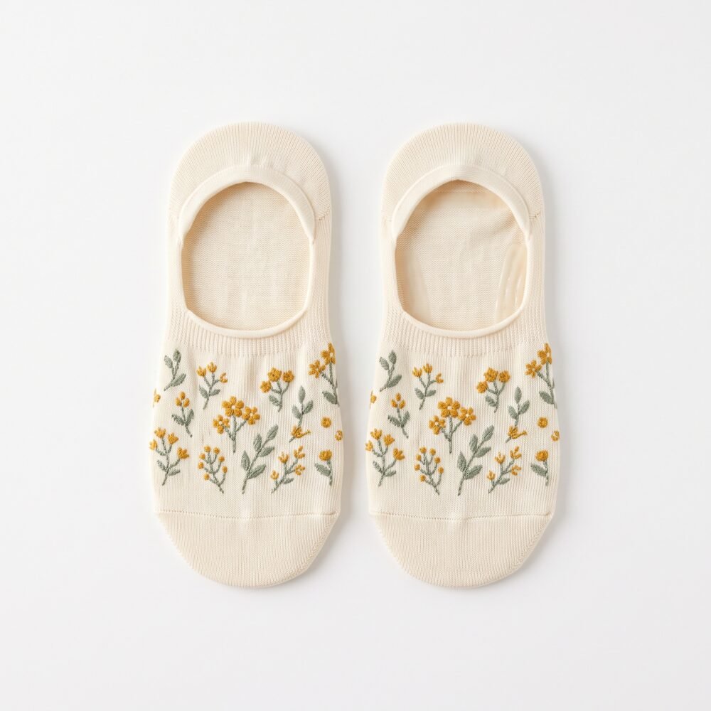 A close-up of a person's feet wearing cream-colored no show socks with a delicate yellow wildflower pattern, standing on a light wood floor.