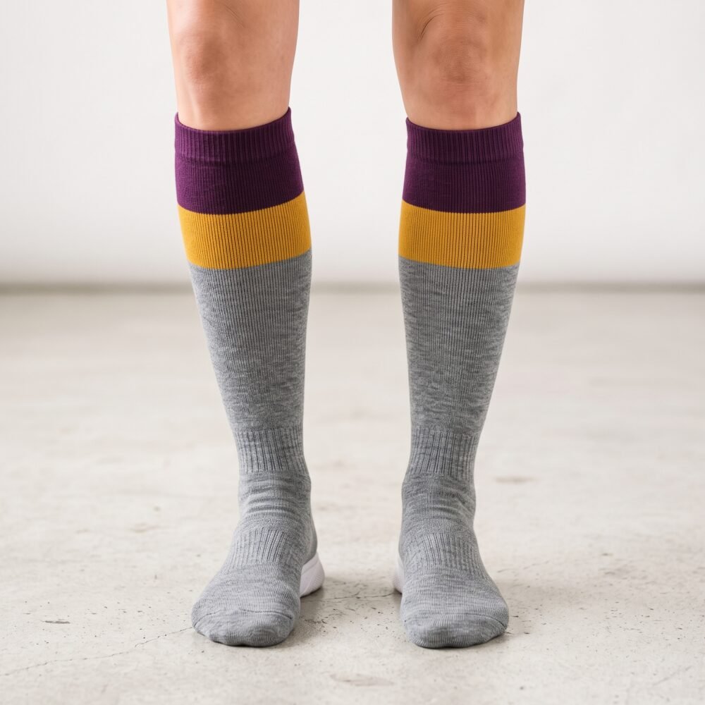 Merino wool compression socks with gray plum and mustard color block stripes
