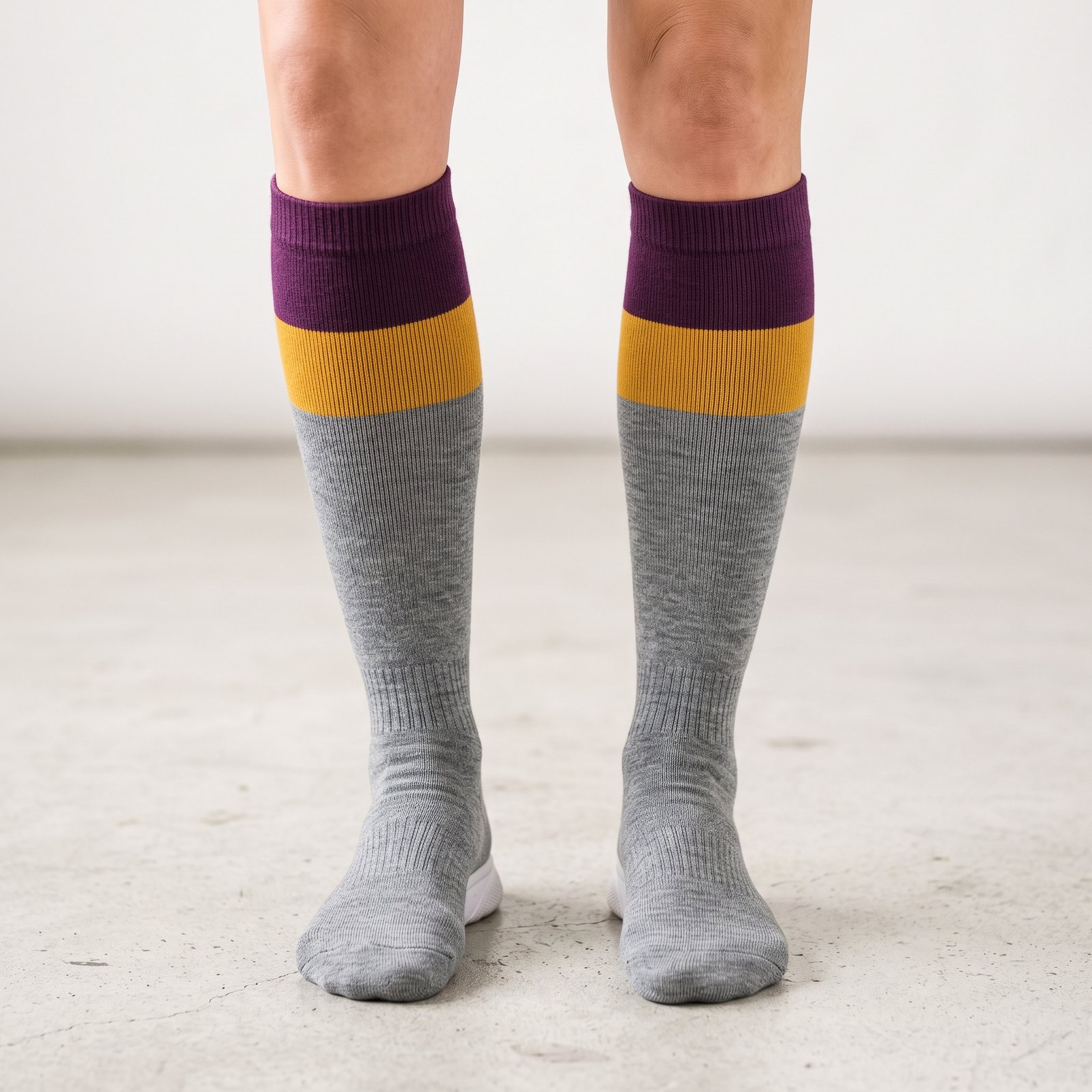 Merino Wool Compression Socks – Gray Plum Mustard Knee-High Socks Merino wool compression socks with gray plum and mustard color block stripes