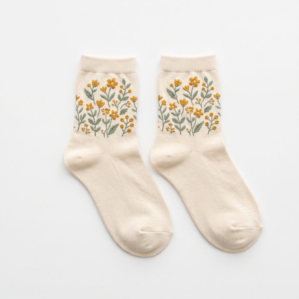 Pair of cream ankle socks with yellow floral and green leaf pattern on a white background