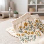 Pair of cream ankle socks with yellow floral and green leaf pattern on a white background