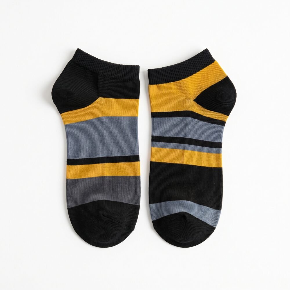 Black and yellow striped ankle socks with gray accents displayed on a white background