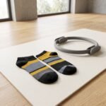 Black and yellow striped ankle socks with gray accents displayed on a white background