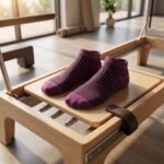 Purple and black patterned ankle socks with ribbed cuffs displayed on a white background