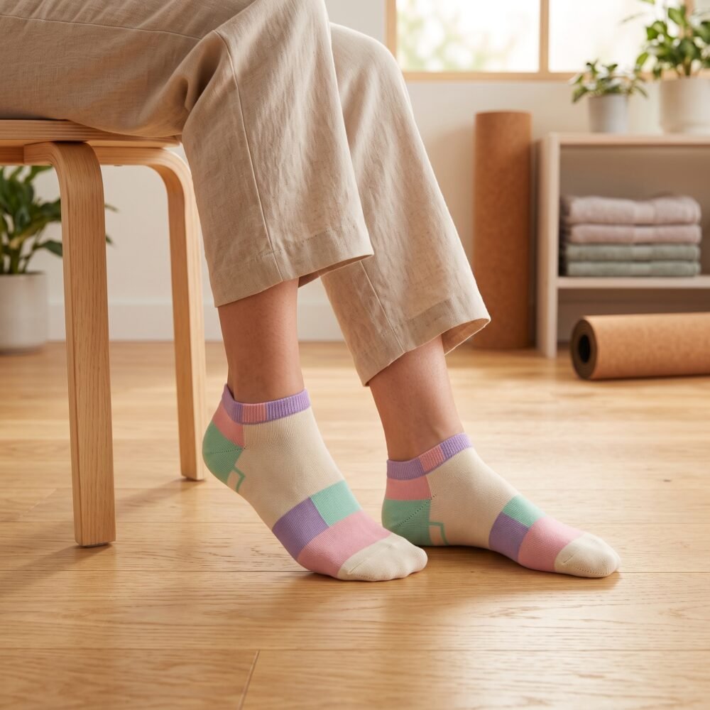 Pair of pastel color block ankle socks in cream, pink, mint green and lavender