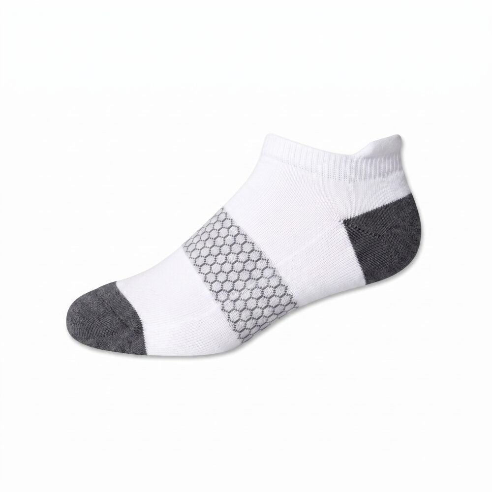 White and gray ankle socks with geometric midfoot pattern and athletic low-cut design