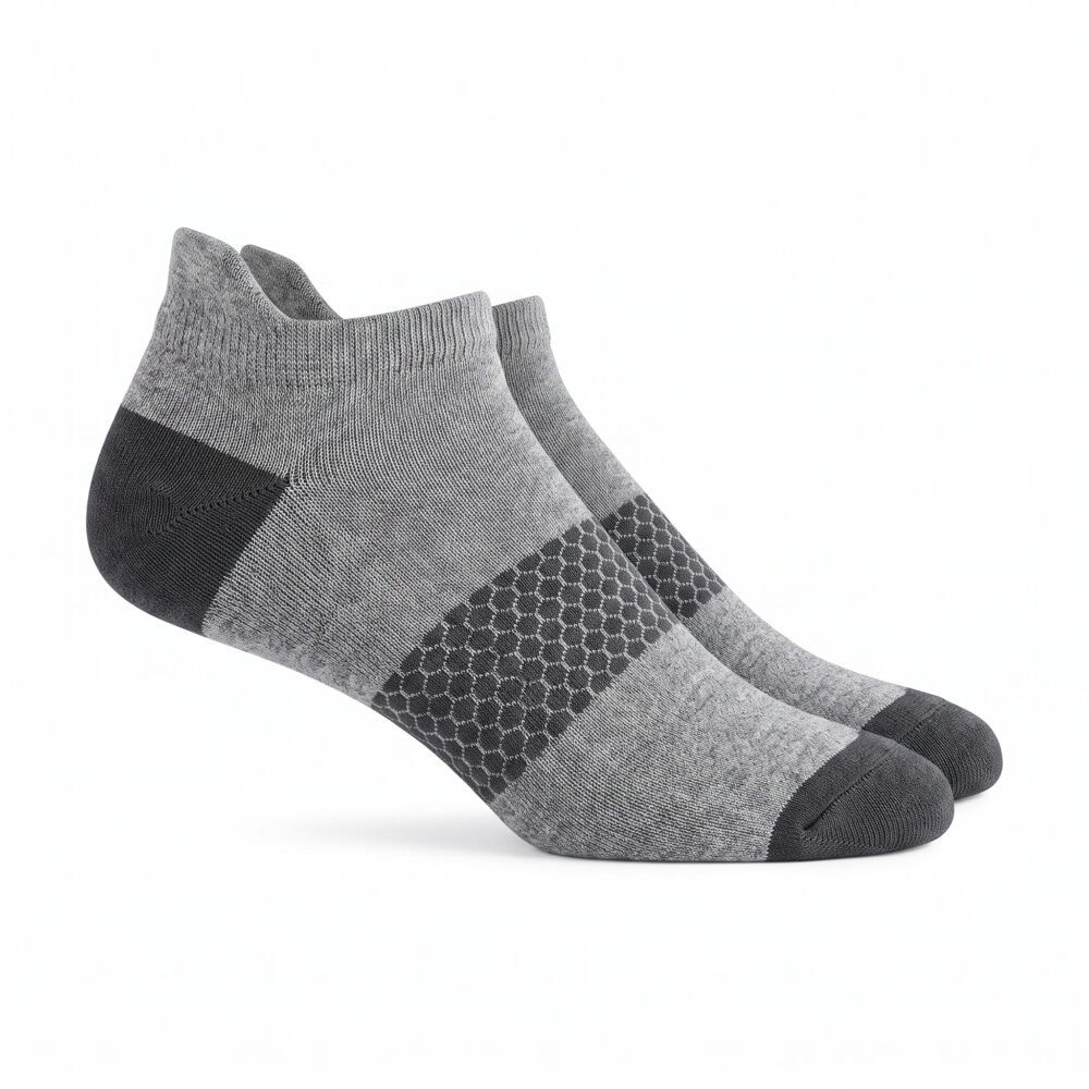 Gray ankle socks with black honeycomb pattern, reinforced heel and toe, and low-cut athletic design