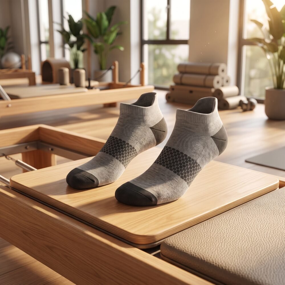 Gray ankle socks with black honeycomb pattern, reinforced heel and toe, and low-cut athletic design