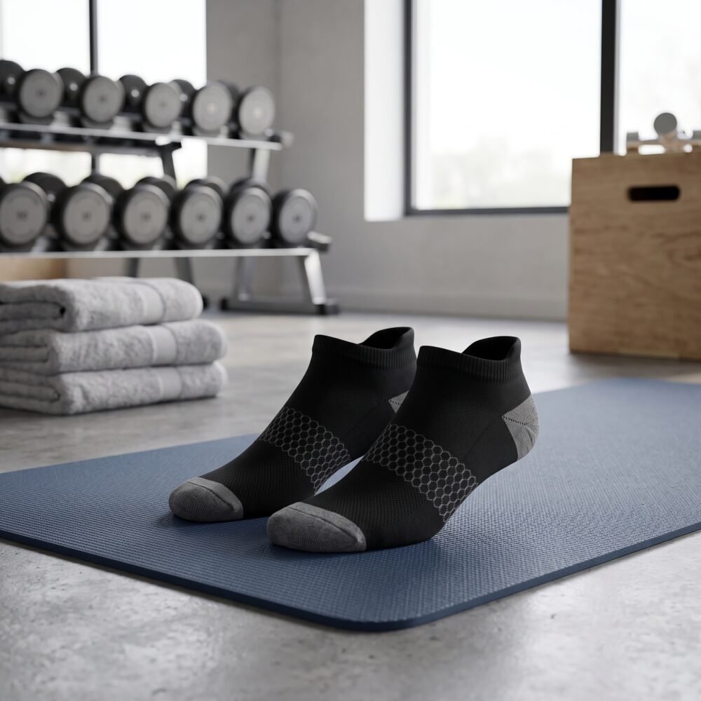 Black and gray ankle socks with textured knit panel, gray heel and toe accents