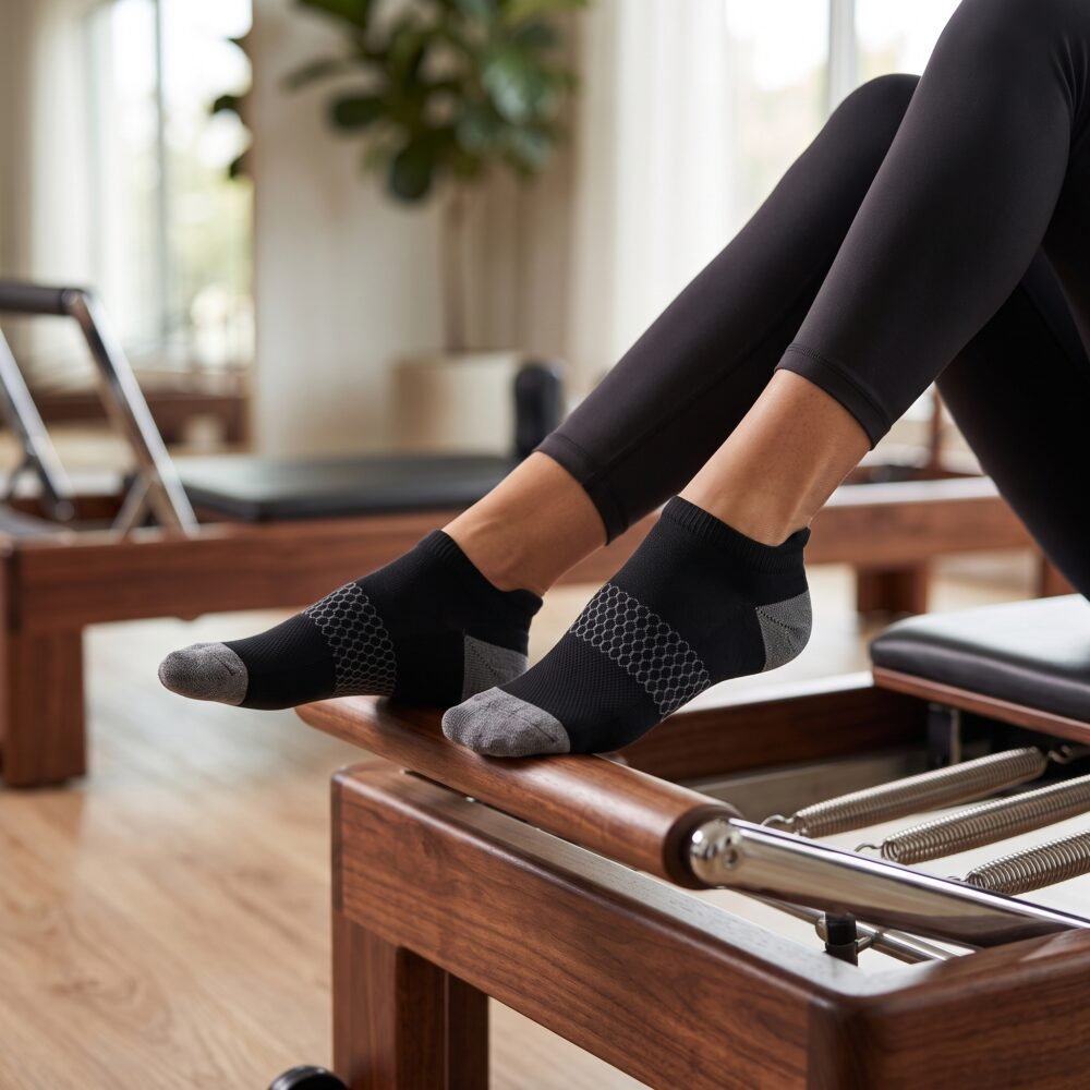 Black and gray ankle socks with textured knit panel, gray heel and toe accents