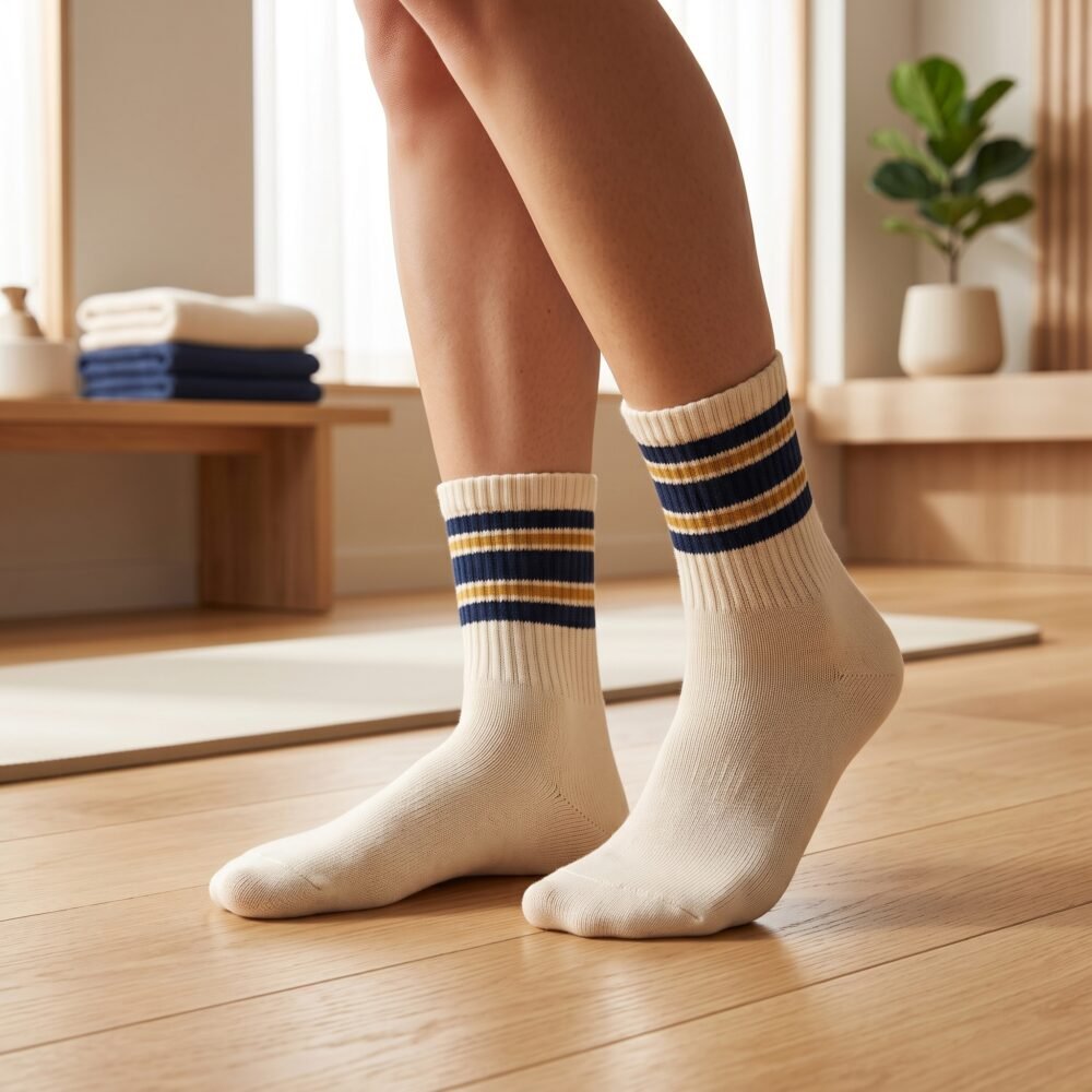 Pair of cream ankle socks with navy blue and gold striped cuffs