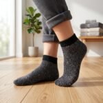 Black speckled ankle socks with ribbed cuffs displayed on a white background