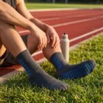 Black grip sock with blue non-slip traction dots across the sole