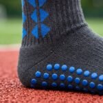 Black grip sock with blue non-slip traction dots across the sole
