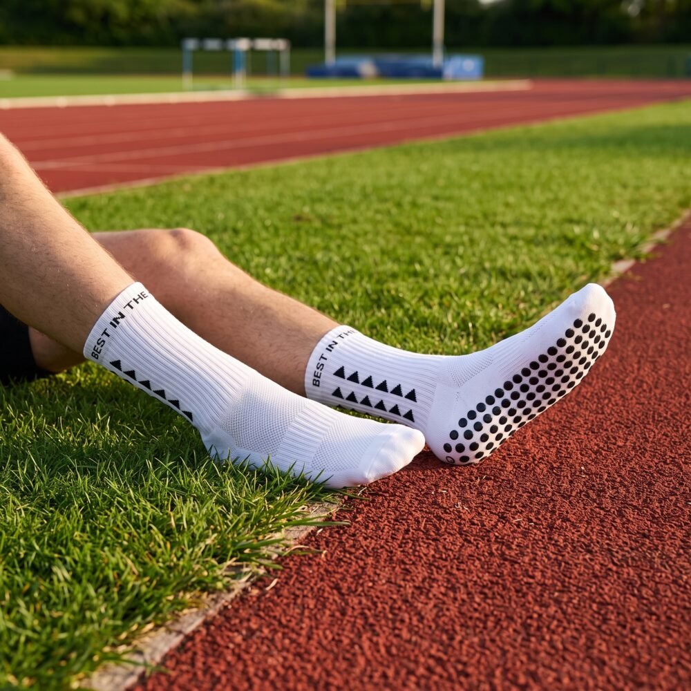 White grip sock with black non-slip dots on the sole standing on an outdoor running track