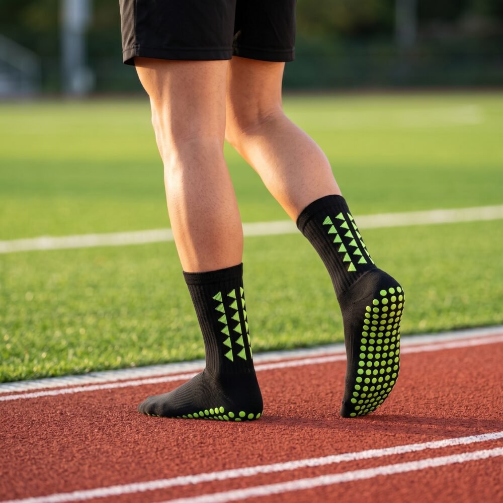 Black grip socks with lime green non-slip traction dots worn on a running track