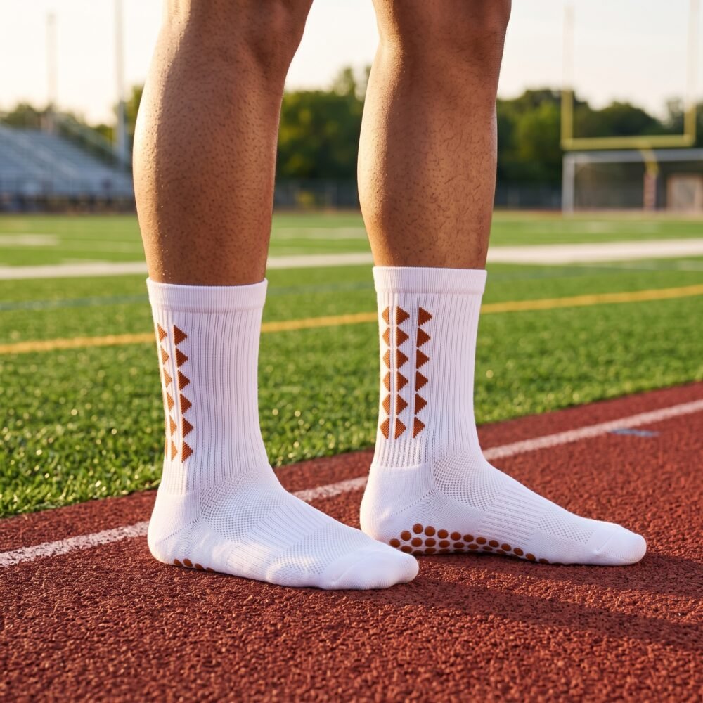 White Grip Socks with brown geometric accents and non-slip sole traction dots worn on an outdoor running track