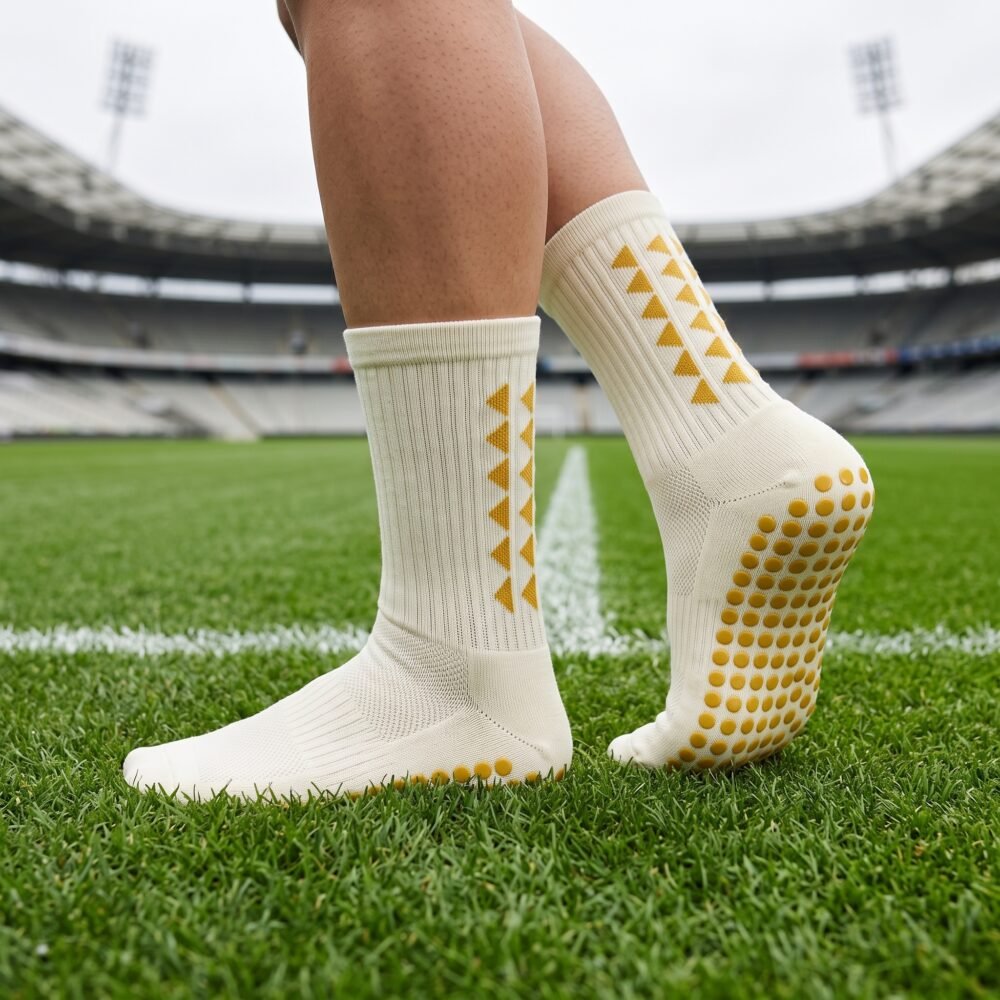 White Grip Socks with gold geometric accents and non-slip traction dots worn on a soccer field