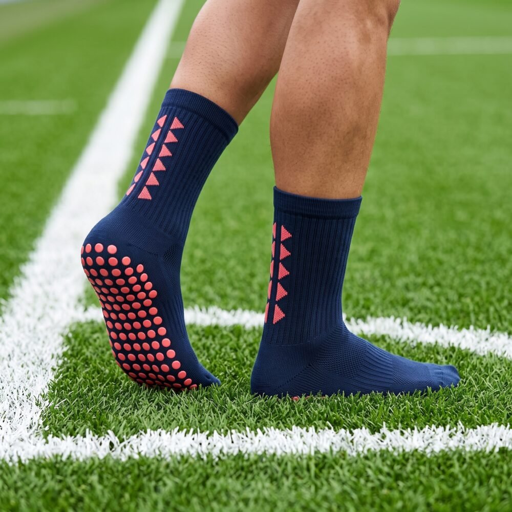 Navy blue Grip Socks with coral geometric accents and non-slip traction dots worn on a soccer field