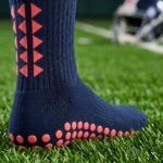 Navy blue Grip Socks with coral geometric accents and non-slip traction dots worn on a soccer field