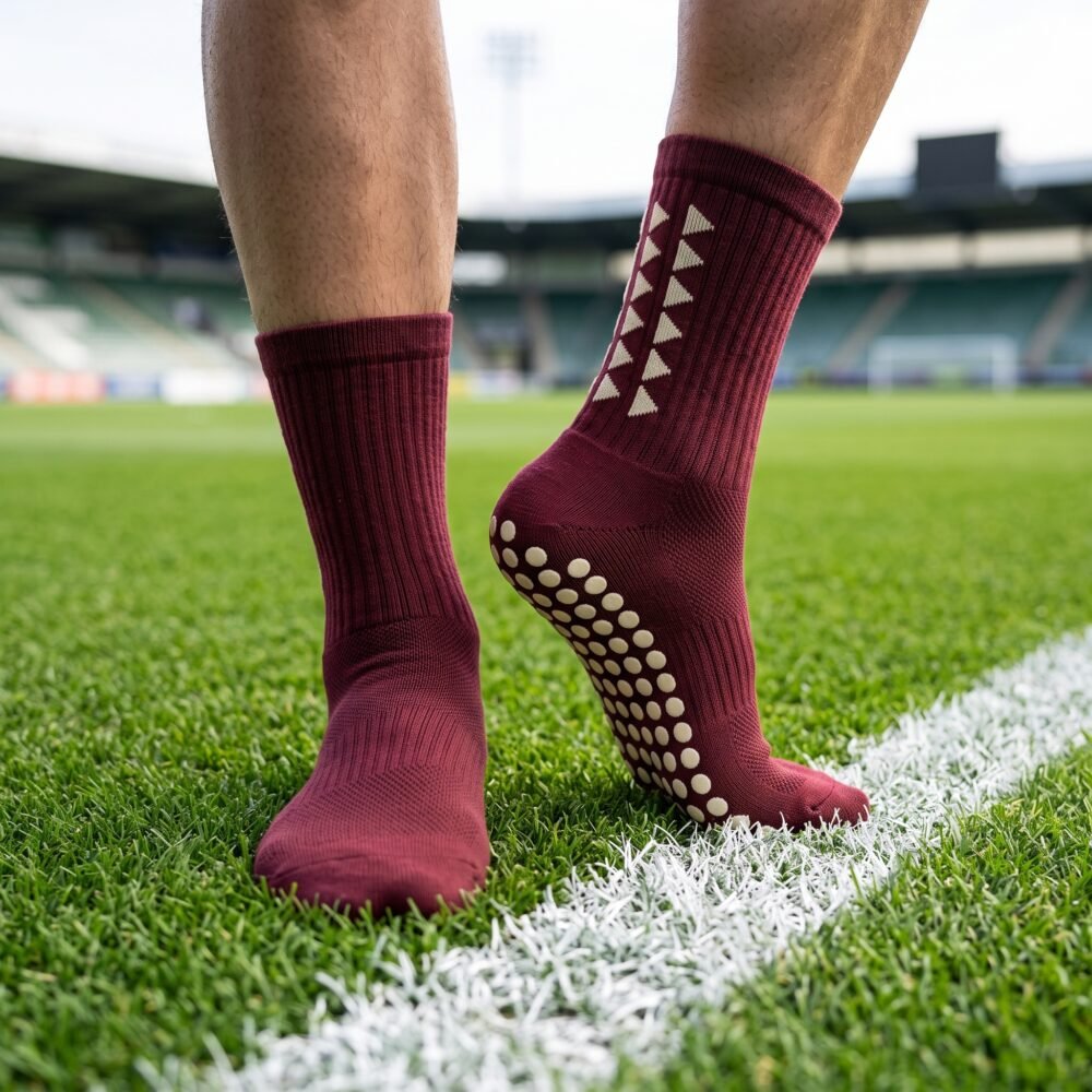 Maroon Grip Socks with cream geometric design and non-slip sole grip worn on a sports field