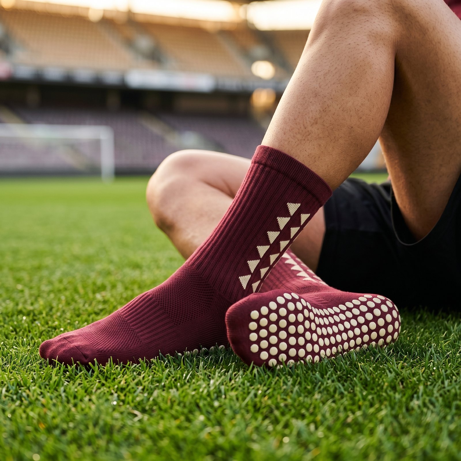 Maroon Non-Slip Grip Socks for Sports and Athletic Training Maroon Grip Socks with cream geometric design and non-slip sole grip worn on a sports field