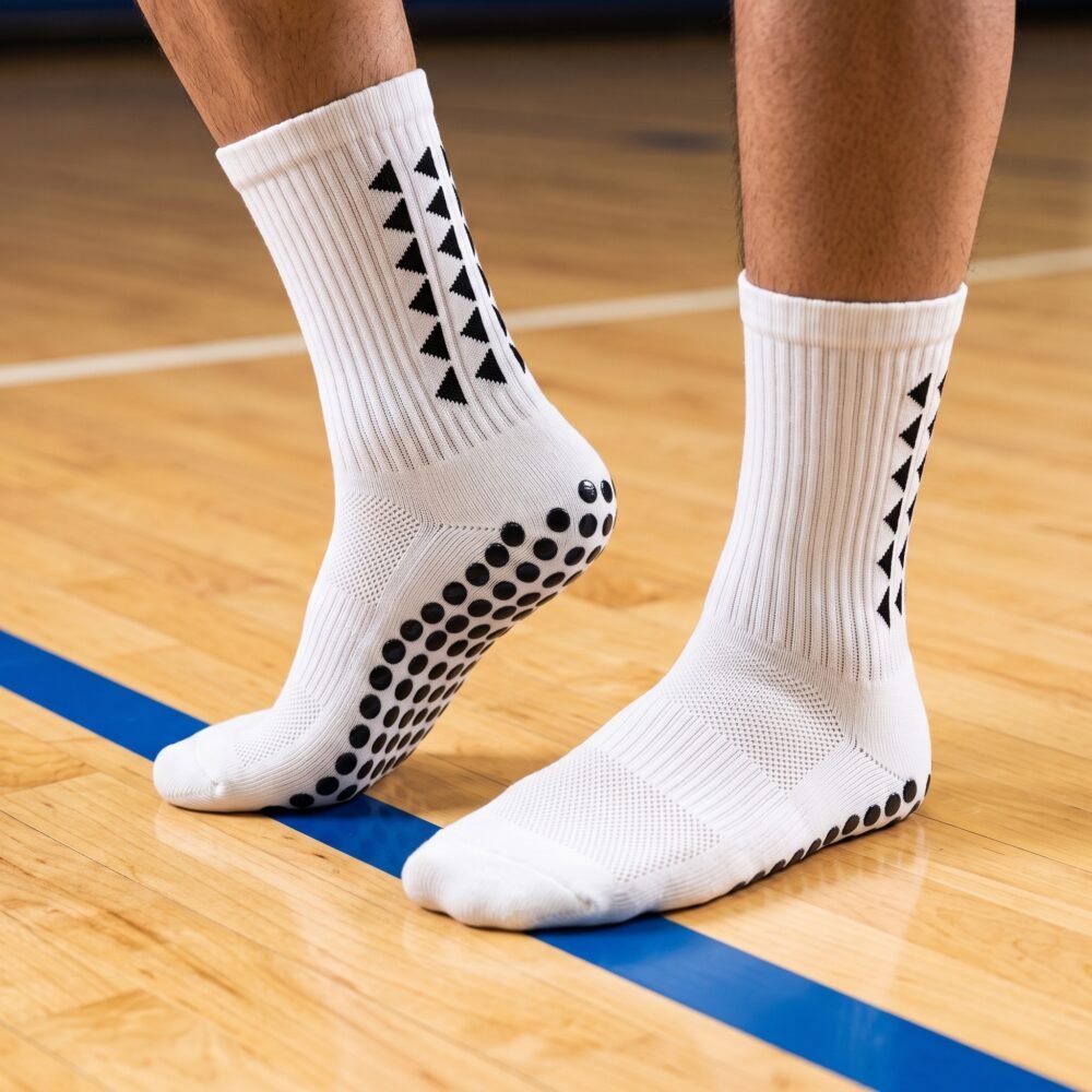 White Grip Socks with black geometric accents and anti-slip grip dots worn on an indoor sports court