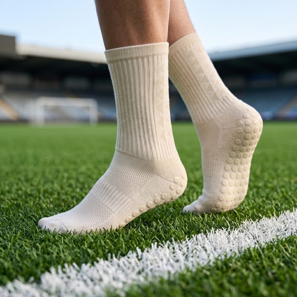 Cream Grip Socks with non-slip traction dots worn on artificial football field