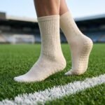 Cream Grip Socks with non-slip traction dots worn on artificial football field