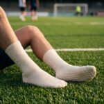 Cream Grip Socks with non-slip traction dots worn on artificial football field