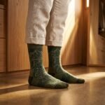 Lehvera merino wool hiking socks with green mountain pattern and reinforced heel and toe