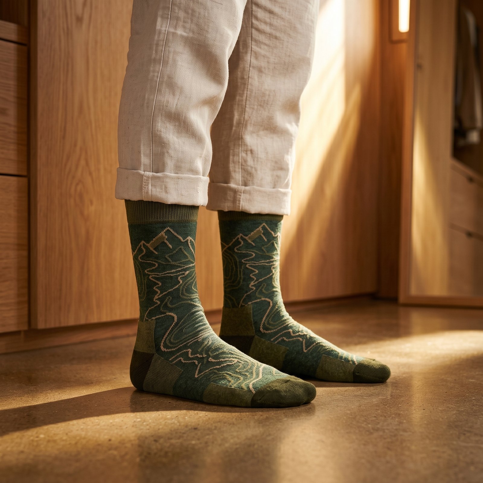 Lehvera Merino Wool Hiking Socks – Mountain Pattern Outdoor Socks Lehvera merino wool hiking socks with green mountain pattern and reinforced heel and toe