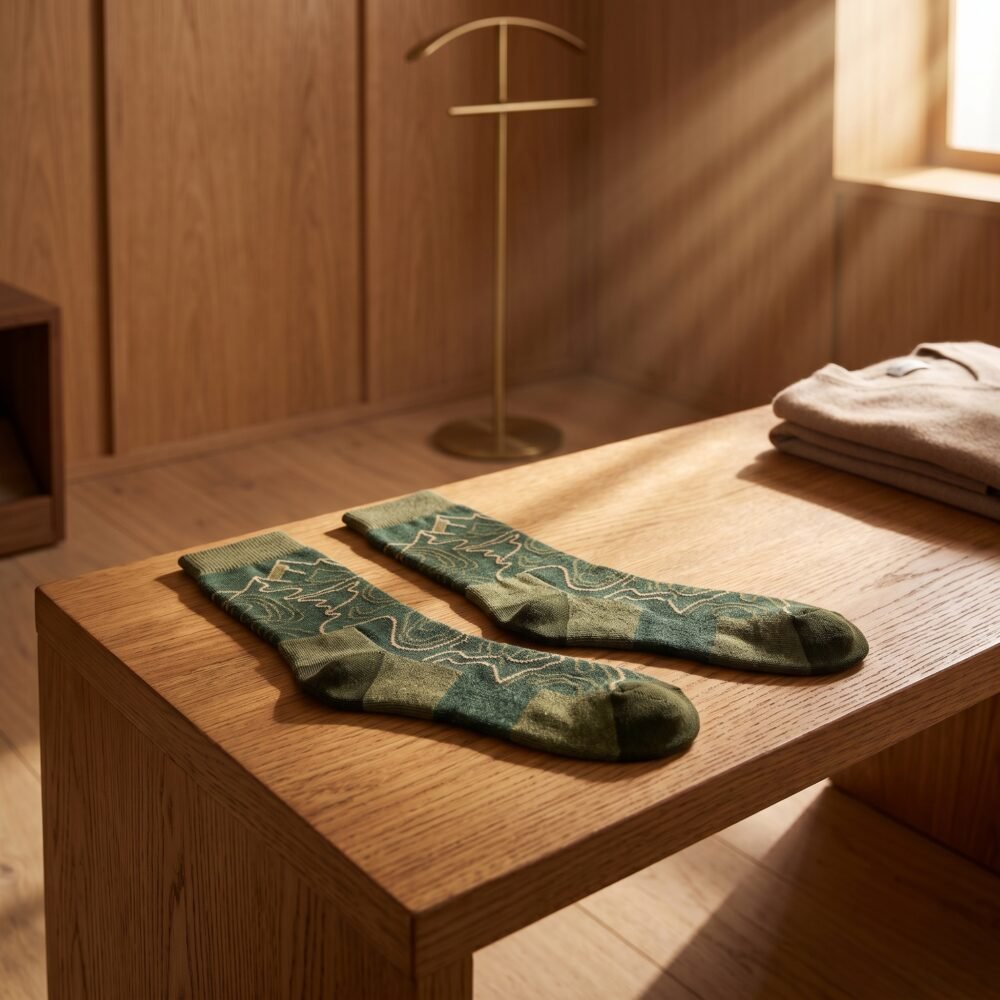Lehvera merino wool hiking socks with green mountain pattern and reinforced heel and toe