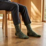 Lehvera merino wool hiking socks with green mountain pattern and reinforced heel and toe