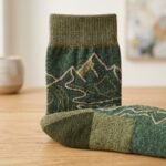 Lehvera merino wool hiking socks with green mountain pattern and reinforced heel and toe