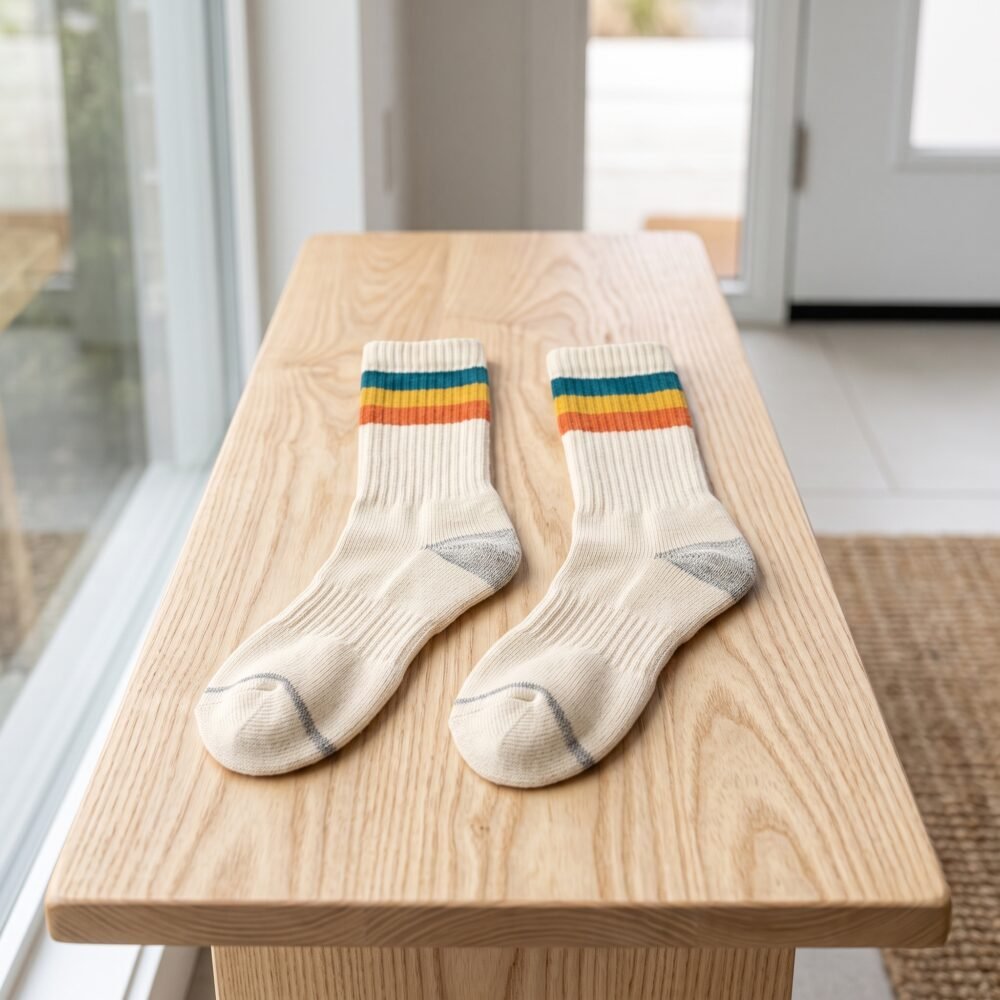 Lehvera merino wool hiking socks with cream base and colorful teal yellow and orange stripes
