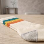 Lehvera merino wool hiking socks with cream base and colorful teal yellow and orange stripes