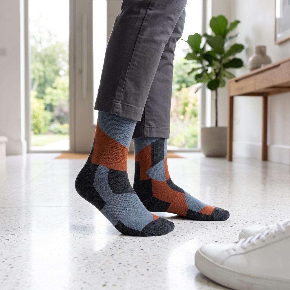 Lehvera merino wool hiking socks with black gray and orange geometric design