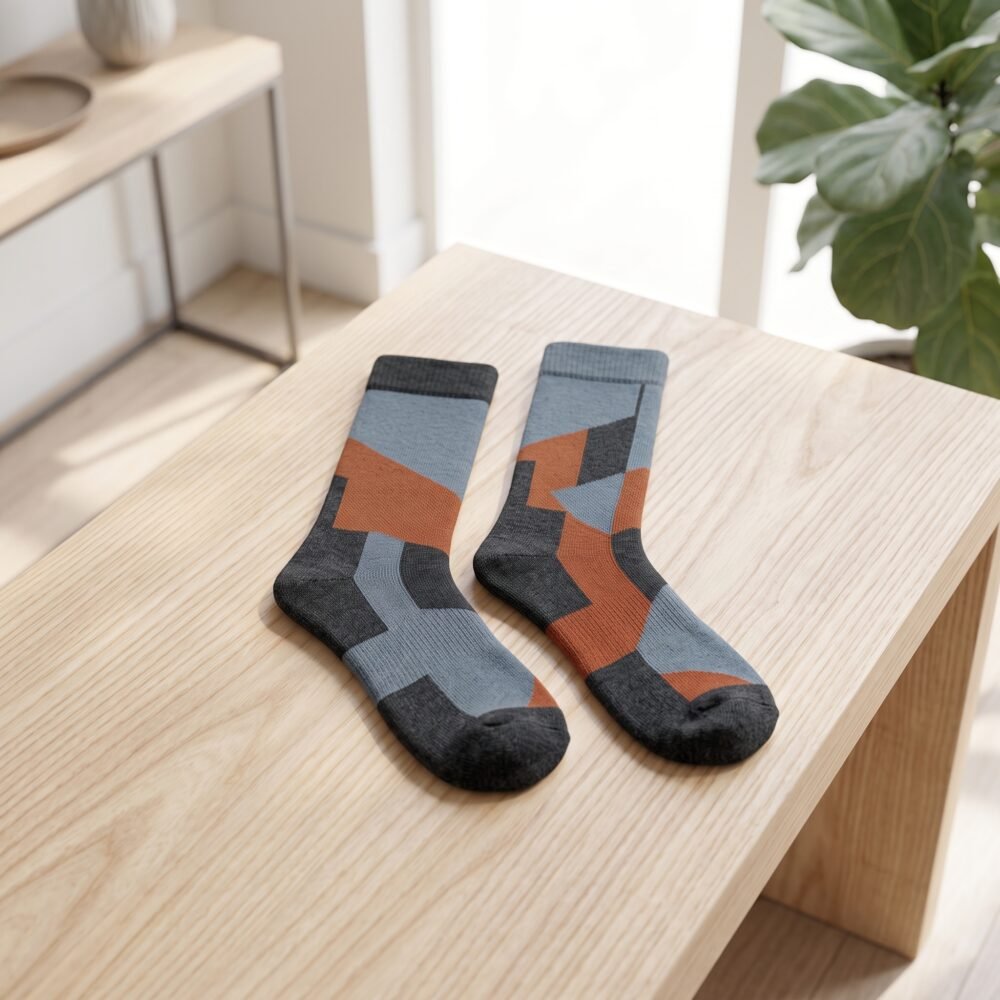 Lehvera merino wool hiking socks with black gray and orange geometric design