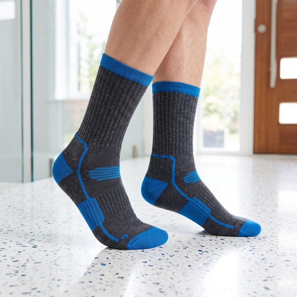 Lehvera merino wool hiking socks in black and blue with cushioned heel and toe zones