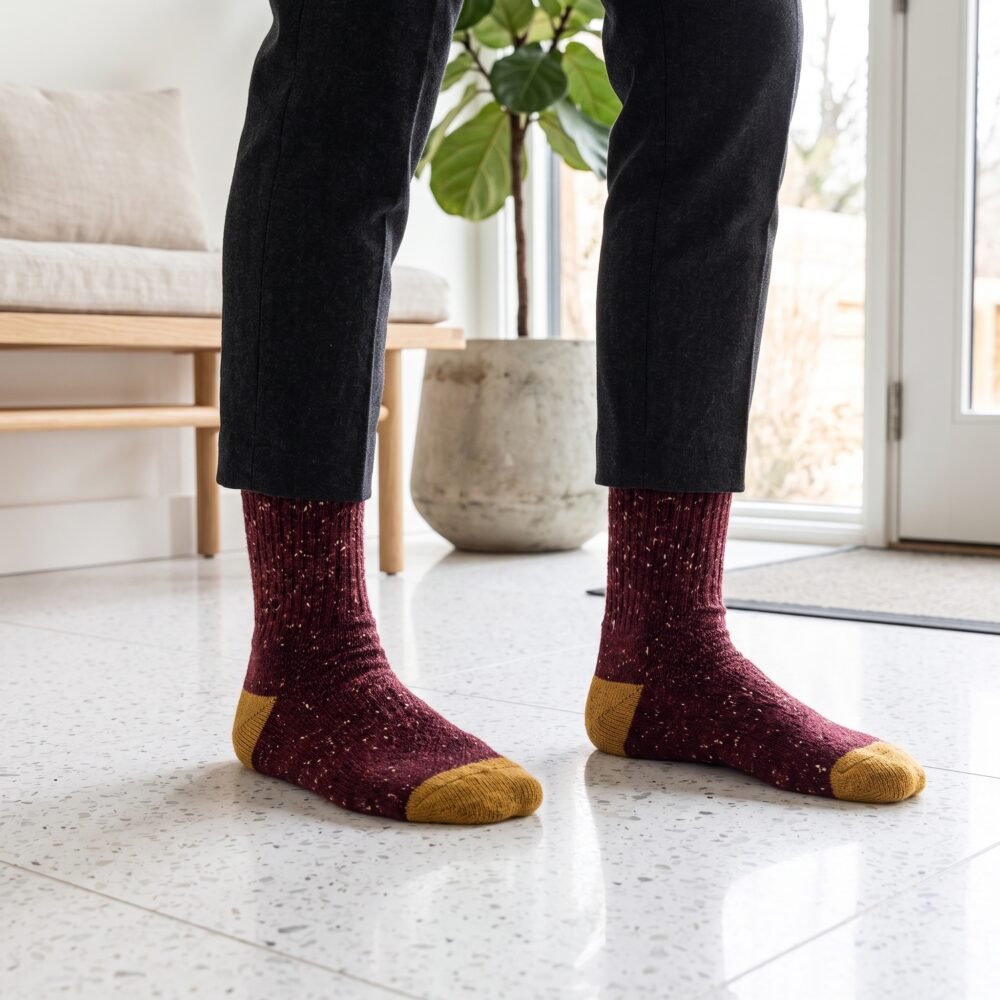 Lehvera merino wool hiking socks in burgundy with speckled knit and mustard heel and toe