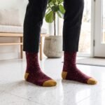 Lehvera merino wool hiking socks in burgundy with speckled knit and mustard heel and toe
