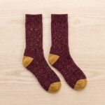 Lehvera merino wool hiking socks in burgundy with speckled knit and mustard heel and toe