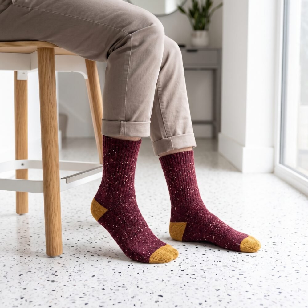 Lehvera merino wool hiking socks in burgundy with speckled knit and mustard heel and toe
