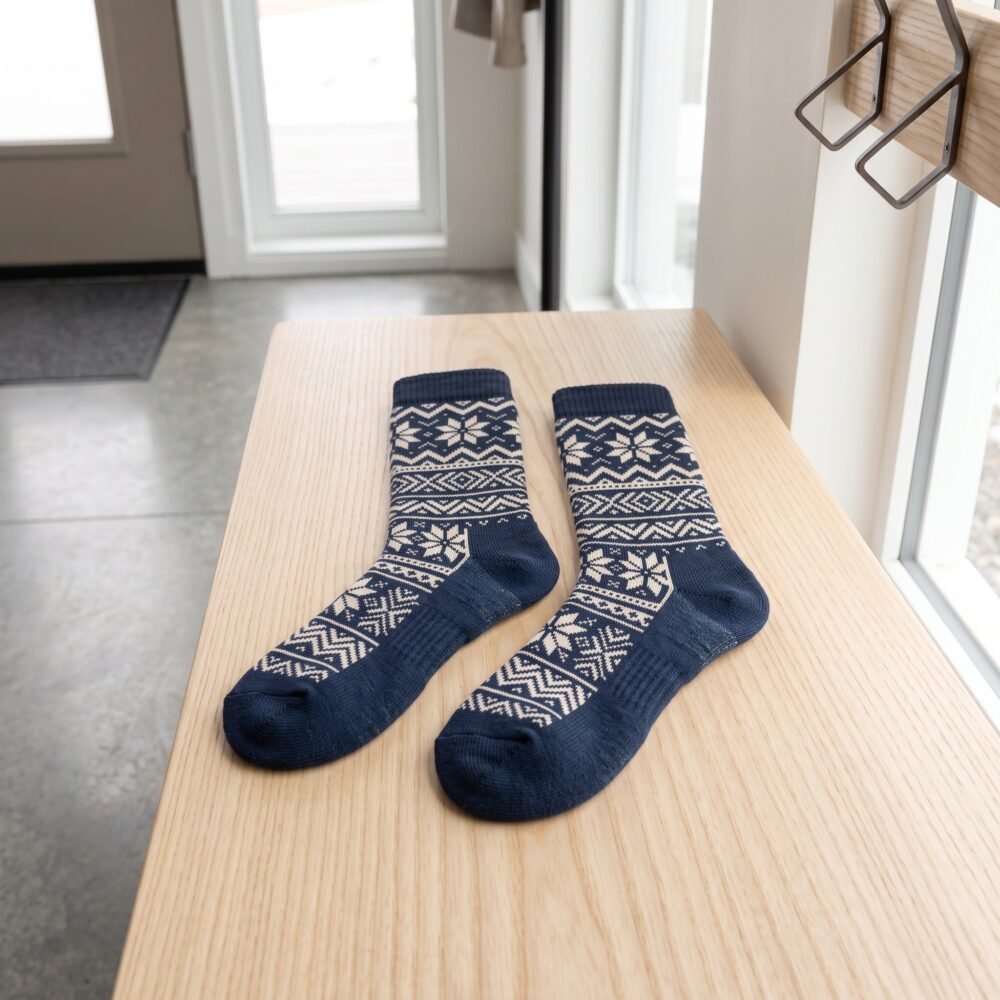 Lehvera merino wool hiking socks in navy and cream with Nordic snowflake pattern